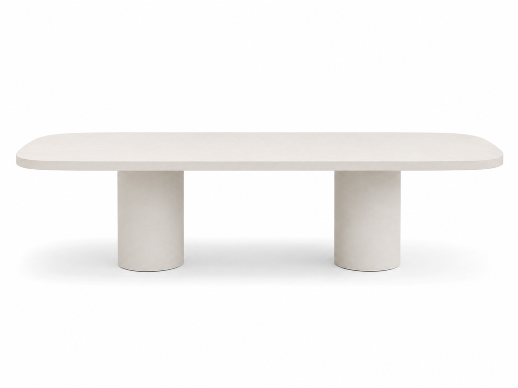 Mesa de comedor con esquinas redondeadas de microcemento