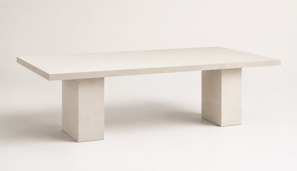 Mesa de comedor MATERIA en microcemento blanco roto, vista de tres cuartos